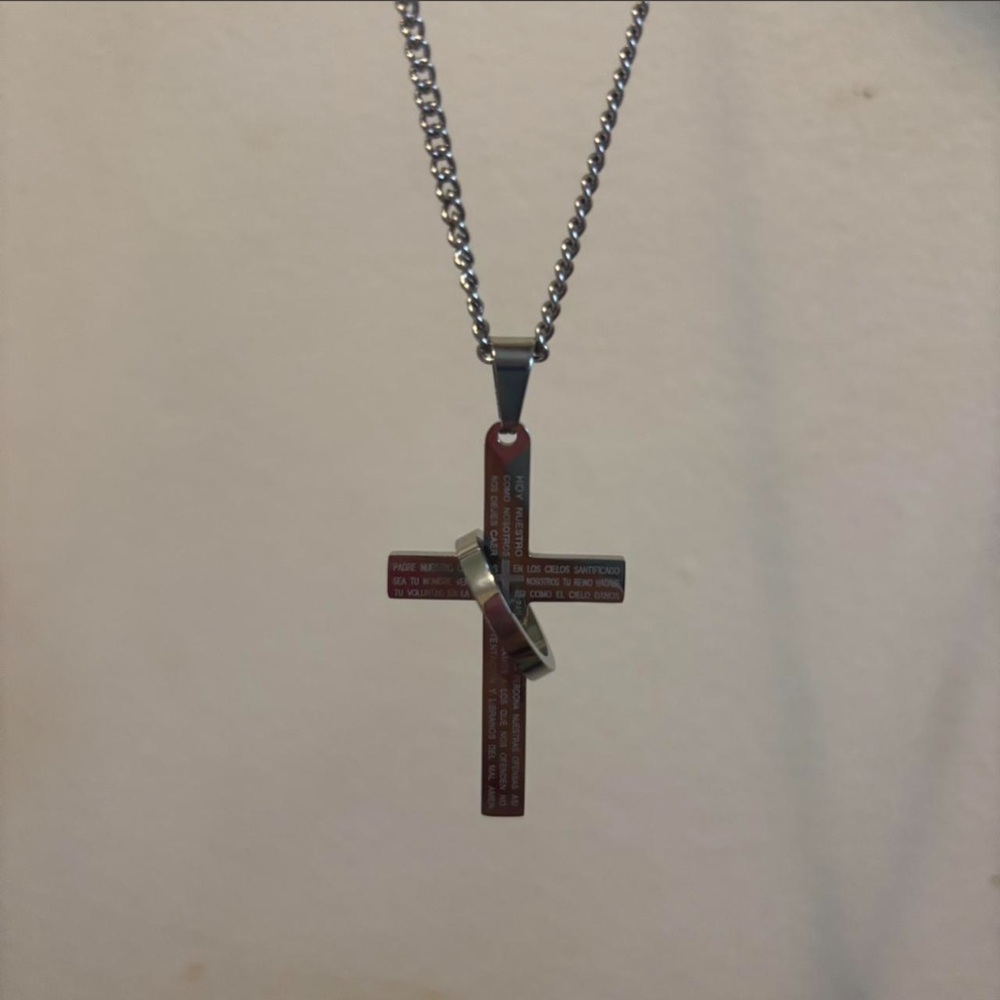 Men's Cross Pendant Necklace with Ring Accent